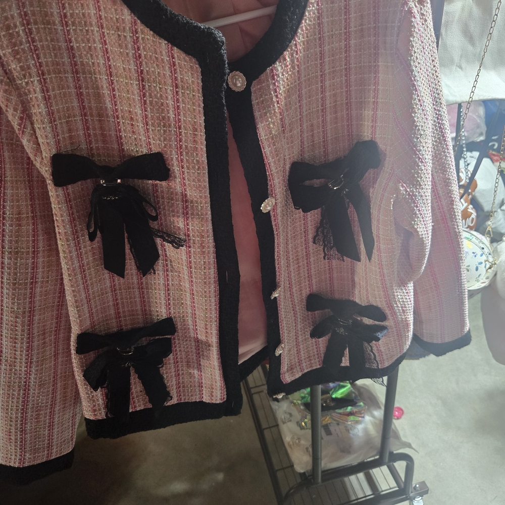 SHEIN Pink and Black Plaid Blazer with Bows